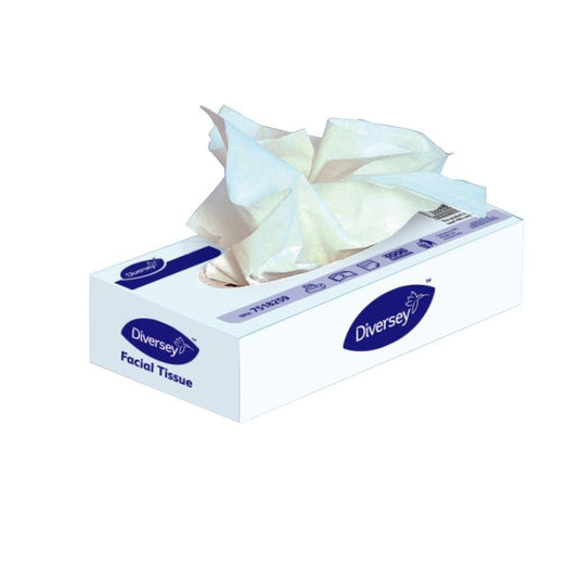 Una caja rectangular de pañuelos cosméticos Diversey DI ecológicos, caja estándar, de 2 capas, blanco (100 unidades), con pañuelos de 21 x 21 cm se extrae desde arriba; la caja predominantemente blanca muestra la marca azul e información del producto.