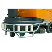 Close-up of the bumper set chassis with deflector roller from Diversey Deutschland GmbH & Co. OHG for swingo 4000 & 5000, showing metal bumper, white rollers, large wheels, and brushes under an orange-gray impact-resistant plastic body.