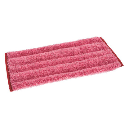 Un trapeador TASKI Jonmaster Ultra Damp Mop rectangular de color rosa, rojo de Diversey Deutschland GmbH & Co. OHG, con bordes rojos, yace plano sobre un fondo blanco. Desarrollado para la limpieza higiénica en entornos de limpieza profesionales.