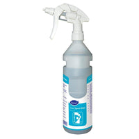 Una botella pulverizadora de plástico de 0,75 l con la inscripción «Flaschenkit Sprint Glass conc DvF», fabricada por Diversey Deutschland GmbH & Co. OHG, incluye un pulverizador blanco, un líquido azul, unas instrucciones y un gráfico sobre la limpieza de cristales, y es recargable con Divermite y DQFM.