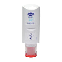 En la imagen aparece, colocada boca abajo, una botella blanca de 300 ml de gel de ducha y champú 2 en 1 «Soft Care Gentle» de Diversey Deutschland GmbH & Co. OHG, con tapón rojo. Se pueden ver la etiqueta frontal y la indicación de que se trata de una fórmula suave.