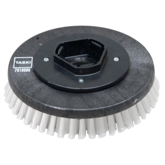 Un cepillo de fregado redondo de plástico negro con cerdas de nailon (28 cm) de Diversey Deutschland GmbH & Co. OHG, con cerdas blancas rígidas, compatible con los modelos swingo 955/1255/2100/5000 para una limpieza a fondo; cepillo de fregado estándar, 1 unidad por paquete.