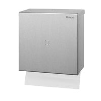 The QBic stainless steel foldable paper towel dispenser from Diversey Deutschland GmbH & Co. OHG is wall-mounted, rectangular, lockable, and dispenses paper towels from the bottom. A small logo is located in the upper right corner of the dispenser.