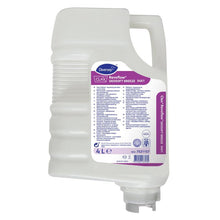 Ein weißer 4-Liter-Kunststoffbehälter von Clax Deosoft Breeze Weichspüler mit Geruchsneutralisierung von Diversey Deutschland GmbH & Co. OHG, mit geruchsneutralisierender Wirkung, Griff, Ausgießer und einem lila-weißen Etikett mit Anweisungen und Branding.