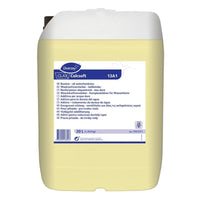 Un bidón de 20 litros de Clax Calcsoft 13A1, un agente líquido para reducir la dureza del agua de Diversey Deutschland GmbH & Co. OHG, con tapa blanca, líquido amarillo y una etiqueta frontal con información multilingüe sobre el producto e instrucciones para su uso profesional.