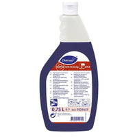 A 0.75-liter bottle of Suma Hi-temp D9.8 Grill Cleaner from Diversey Deutschland GmbH & Co. OHG, with a white cap, a blue-and-orange label, and SKU: 7521437—ideal for professional kitchens to tackle stubborn grime.