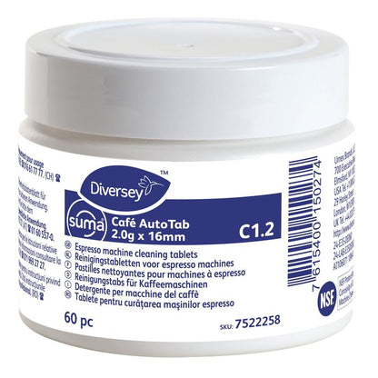 A white plastic container from Diversey Deutschland GmbH & Co. OHG labeled "Suma Café AutoTab Cleaning Tablets for Espresso Machines 60 pcs." contains 60 tablets for removing coffee fats/oils and extending the life of the machine, with multilingual information on a blue and white label.