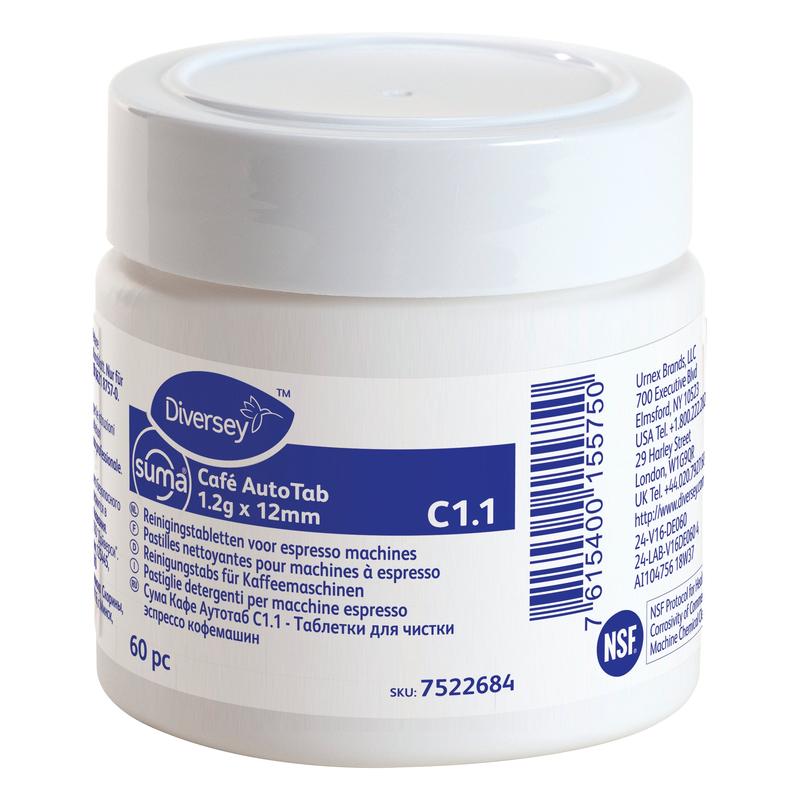 A white plastic container from Diversey Deutschland GmbH & Co. OHG, labeled "Suma Café AutoTab Cleaning Tablets for Espresso Machines 60 pcs.", removes coffee fats and oils and extends the life of the machine. Includes a multilingual label.