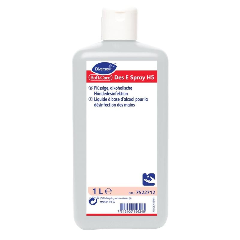 Una botella blanca de 1 litro de Soft Care Des E Spray H5 de Diversey Deutschland GmbH & Co. OHG, con tapa azul y etiqueta en alemán y francés. Desinfección de manos efectiva a base de alcohol – ideal para llevar.