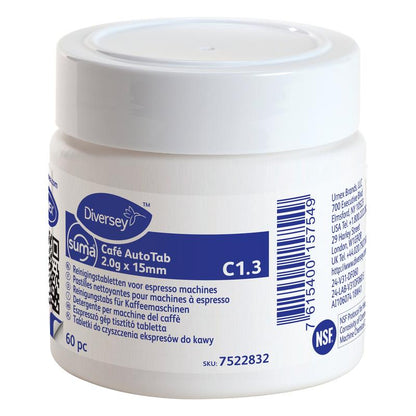 A white plastic can "Suma Café AutoTab Cleaning Tablets for Espresso Machines 60 pcs." from Diversey Deutschland GmbH & Co. OHG, removes coffee oils and extends the life of the machine; the label has multilingual information and a barcode.