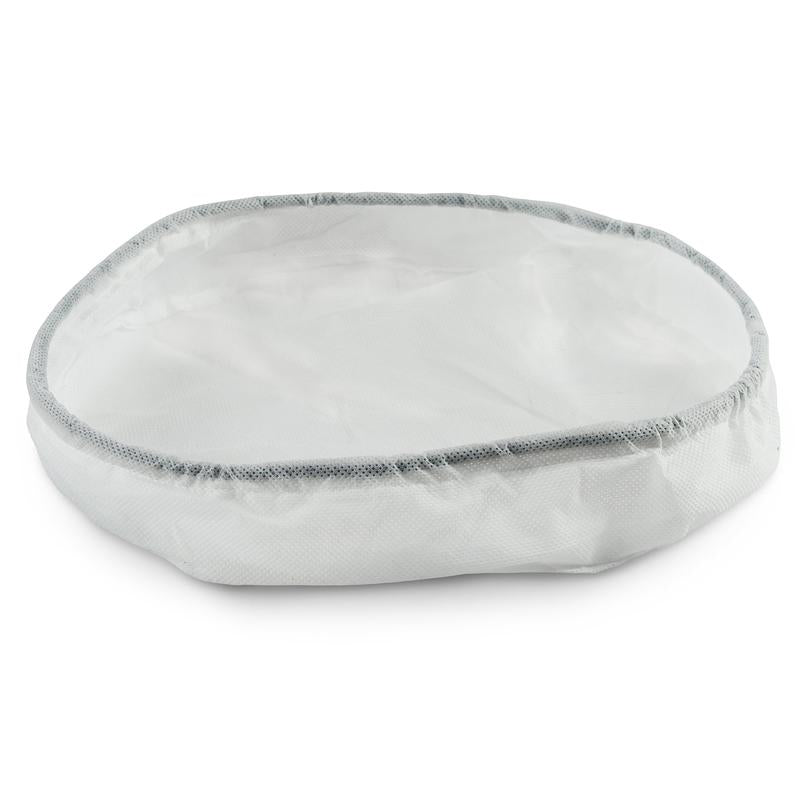 A white, round TASKI AERO 8/15 fleece filter cloth (motor protection) from Diversey Deutschland GmbH & Co. OHG with a gray edge, designed as a vacuum cleaner accessory, lies flat on a white surface. Available in a pack of 5.