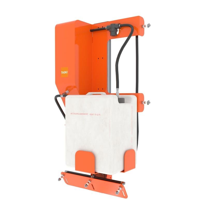 The TASKI IntelliSpray Kit swingo 4000/5000 from Diversey Deutschland GmbH & Co. OHG consists of an orange wall unit with a rectangular white tank on an orange bracket, labeled and connected with hoses that bear the TASKI logo for effective floor care.