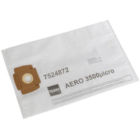 A white AERO 3500 nonwoven dust bag manufactured by Diversey Deutschland GmbH & Co. OHG, with a cardboard collar and a round opening on the left side; labeled "AERO 3500" and "7524872." Product information is printed on the right side. Sold in cartons of 10 packs.