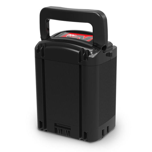 Eine schwarze NX-Batterie (1 Stück) von Diversey Deutschland GmbH & Co. OHG, mit strukturierter Oberfläche und Tragegriff, für TASKI swingo 250µicro (2 Batterien im Lieferumfang enthalten), abgebildet auf weißem Hintergrund.