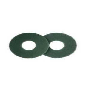 Dos almohadillas de suelo verdes de 225 mm de Diversey Deutschland GmbH & Co. OHG, para TASKI swingo 250µicro, se muestran superpuestas sobre un fondo blanco. Cada almohadilla redonda verde tiene una abertura redonda en el centro. Embalaje: 2 piezas.