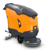 The TASKI ULTIMAXX 2900 SD50 from Diversey Deutschland GmbH & Co. OHG is a next-generation scrubber-dryer with an orange-and-gray housing, a 63-liter tank, a rear steering handle, wheels, and a floor brush. Pictured against a plain white background.