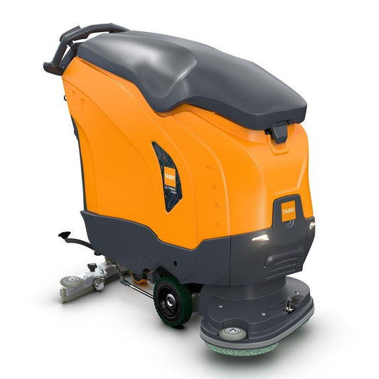 Die TASKI ULTIMAXX 2900 DD55 Performance BMS 40A EBU von Diversey ist eine orange-graue Scheuersaugmaschine mit Radantrieb, 63L Tank und 55cm Doppelscheibe-ideal für professionelle Reinigungseinsätze.