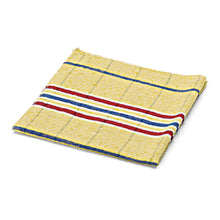 Ein gefaltetes gelbes Nölle Profi Brush Staubtuch Baumwolle von Nölle Profi Brush Bürsten- & Pinseltechnik e.K. mit Karomuster und roten, weißen und blauen Querstreifen an einer Kante, ideal für die sanfte Reinigung, auf weißem Grund.