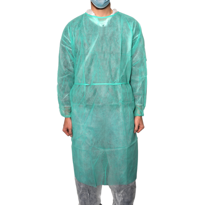 MaiMed-Coat Protect, protective gown made of fleece, green non-sterile, elastic sleeve cuffs, length 120cm, 10 pieces | Pack (10 pieces)