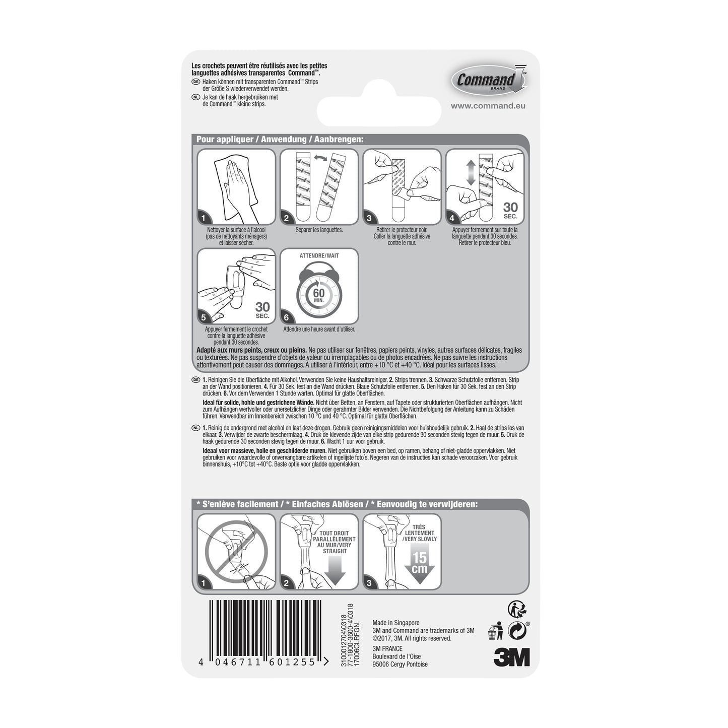 Rückseite der 3M Command™ Mini-Haken (transparent, 17006CLR) Verpackung mit illustrierten Schritten zum Anbringen/Entfernen der transparenten Streifen, mehrsprachigem Text und Produktinformation. Ideal für transparente Haken oder Mini-Haken.