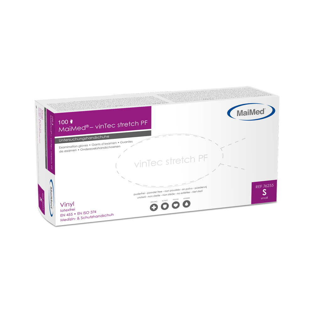 MaiMed-vinTec Stretch PF, no estériles, guantes de examen de vinilo en polvo, 100 unidades/caja