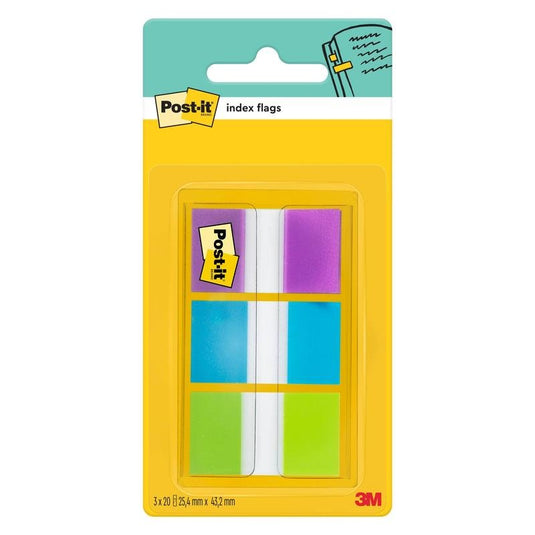 Un paquete de tiras adhesivas 3M Post-it® Index, estándar (25,4 mm x 43,2 mm), con 60 tiras adhesivas de distintos colores en un dispensador. Ideal para organizar documentos; con el logotipo de Post-it® y 3M Deutschland GmbH en el embalaje.