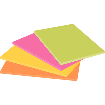 Ein Stapel von vier überlappenden Post-it® Super Sticky Notes in den Farben Orange, Gelb, Rosa und Hellgrün der 3M Deutschland GmbH (Großformat, 45 Blatt/Block, 100% PEFC) wird aus einem niedrigen Winkel betrachtet.