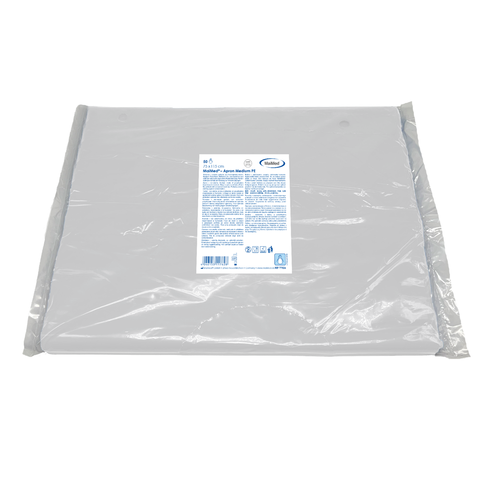 MaiMed-Apron Medium PE, delantal de PE 75x115cm blanco, 50 unidades/paquete, bloqueado, superficie lisa | Paquete (50 piezas)