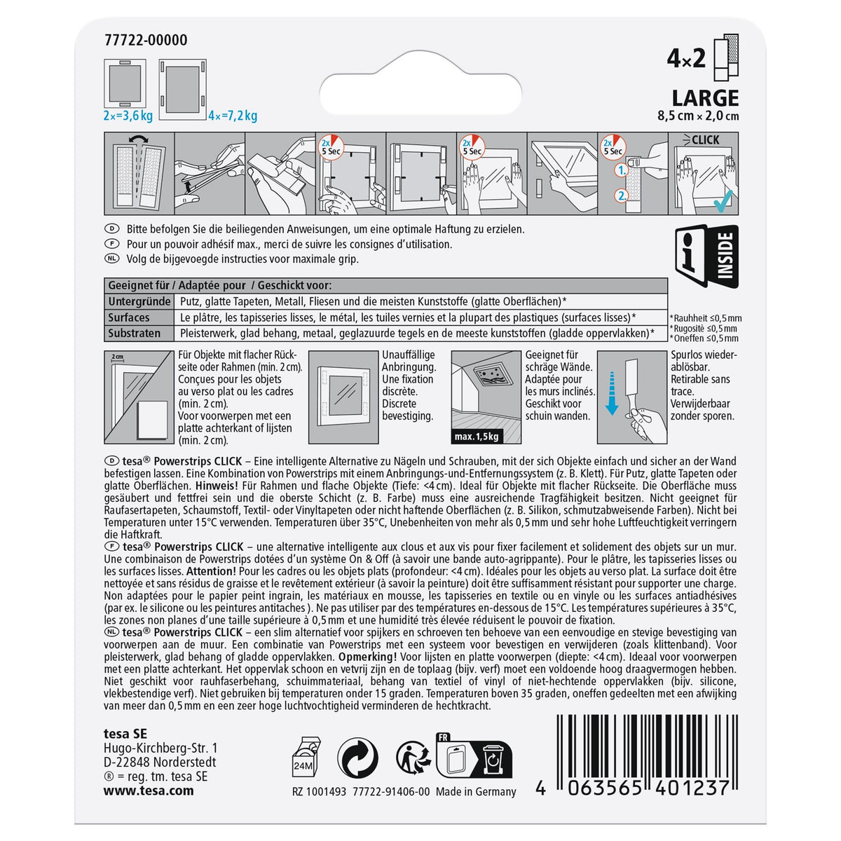 Almohadillas adhesivas de velcro tesa Powerstrips Click, blancas, 4 pares