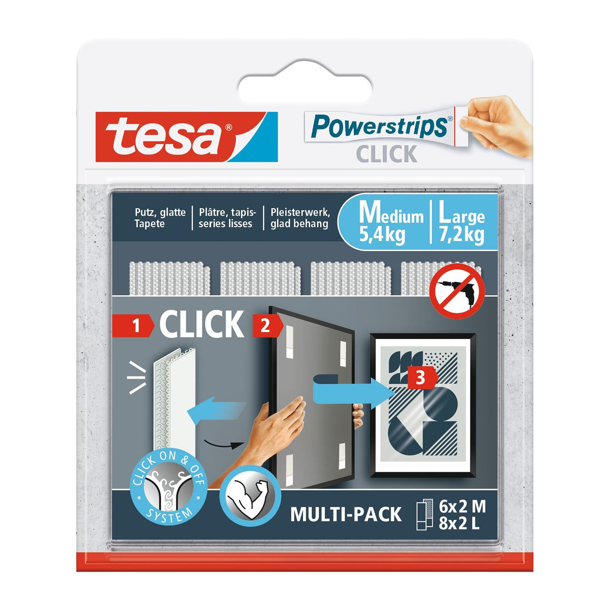 tesa Powerstrips CLICK Multi, 6 pares M + 8 pares L, blanco