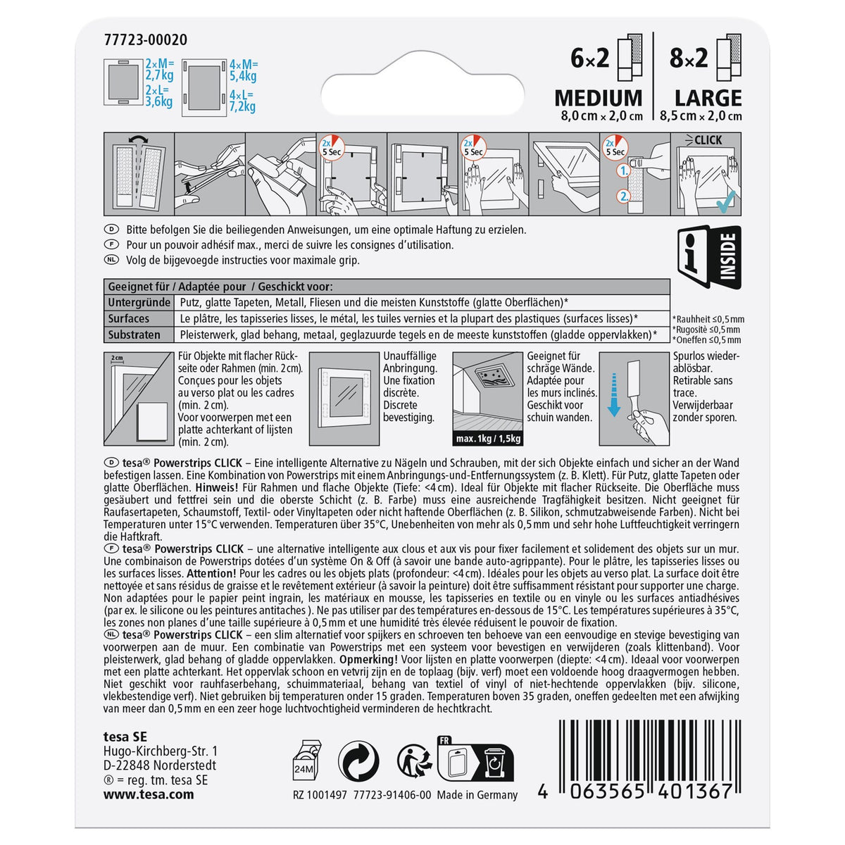 tesa Powerstrips CLICK Multi, 6 pares M + 8 pares L, blanco