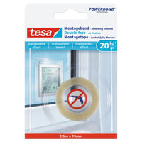 Cinta de montaje tesa para superficies transparentes y cristal, hasta 20 kg/m, 1,5 m x 19 mm