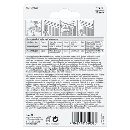 tesa Ultra-Strong Mounting Tape for Tiles and Metal, White, Up to 100 kg/m, 1.5 m x 19 mm