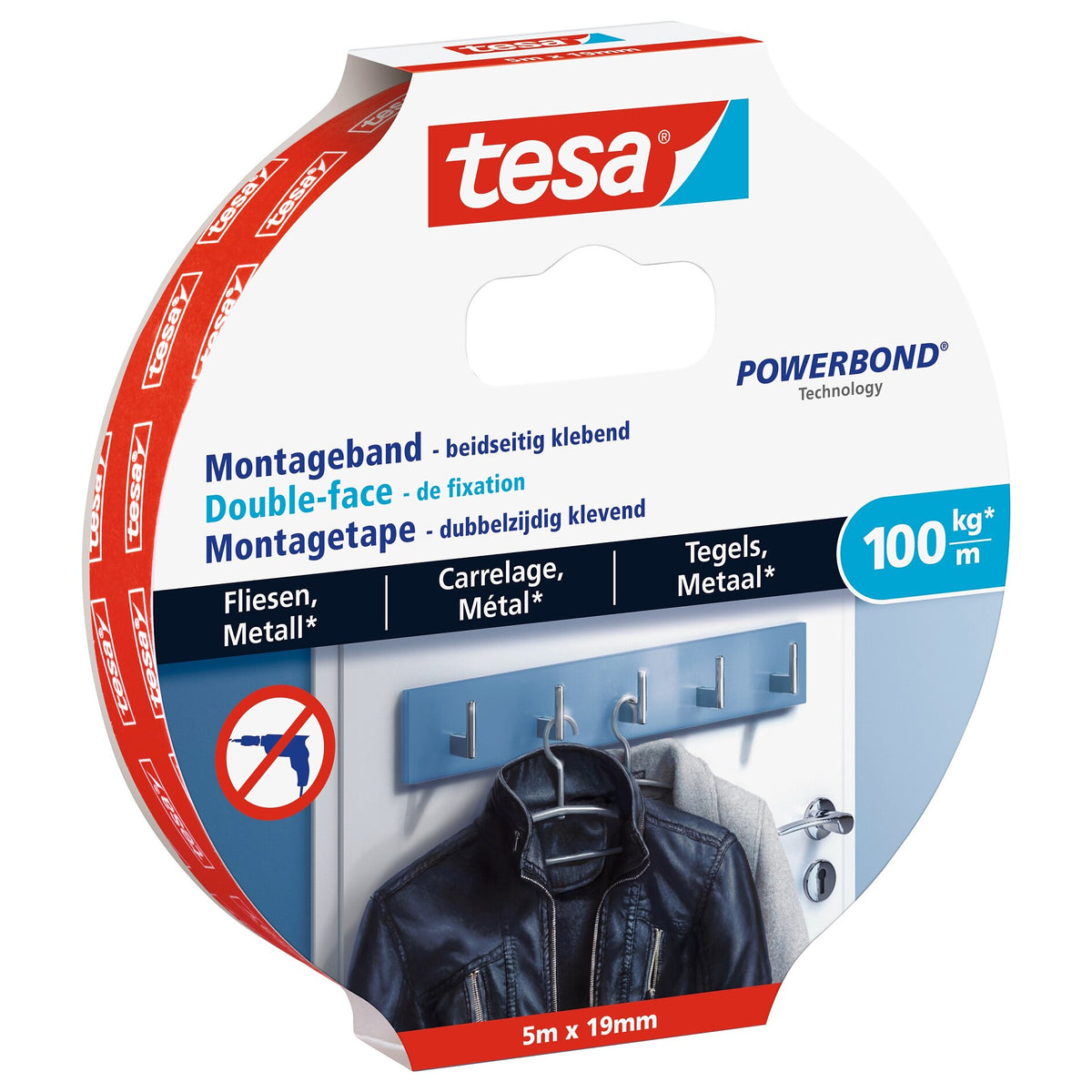 tesa Ultra-Strong Mounting Tape for Tiles and Metal, White, Up to 100 kg/m, 5 m x 19 mm