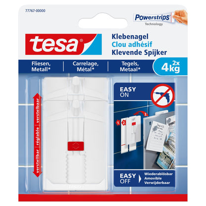 Clavo adhesivo ajustable de tesa para azulejos y metal, blanco, hasta 4 kg