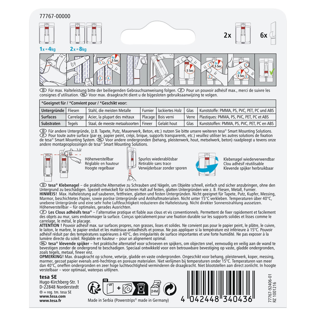 Clavo adhesivo ajustable de tesa para azulejos y metal, blanco, hasta 4 kg