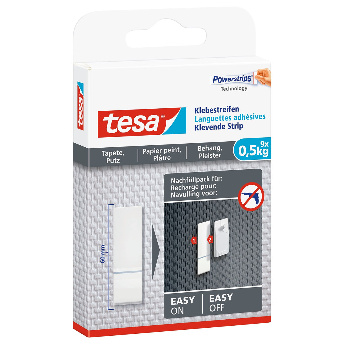 Cinta adhesiva tesa para papel pintado y enlucido, blanca, hasta 0,5 kg