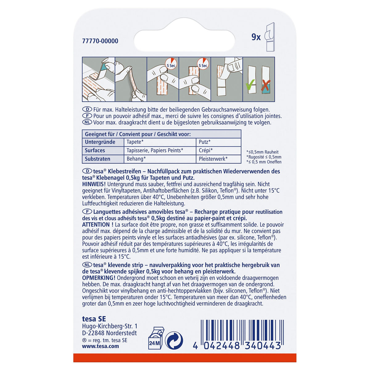 Cinta adhesiva tesa para papel pintado y enlucido, blanca, hasta 0,5 kg