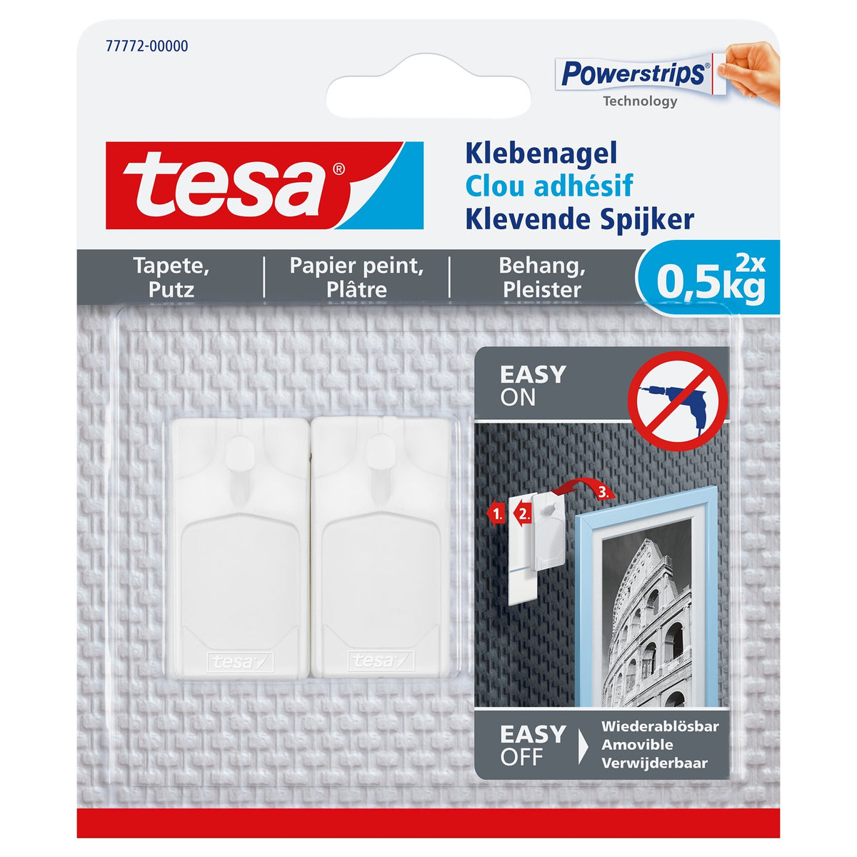 tesa Adhesive Nail for Wallpaper and Plaster, White, up to 0.5 kg