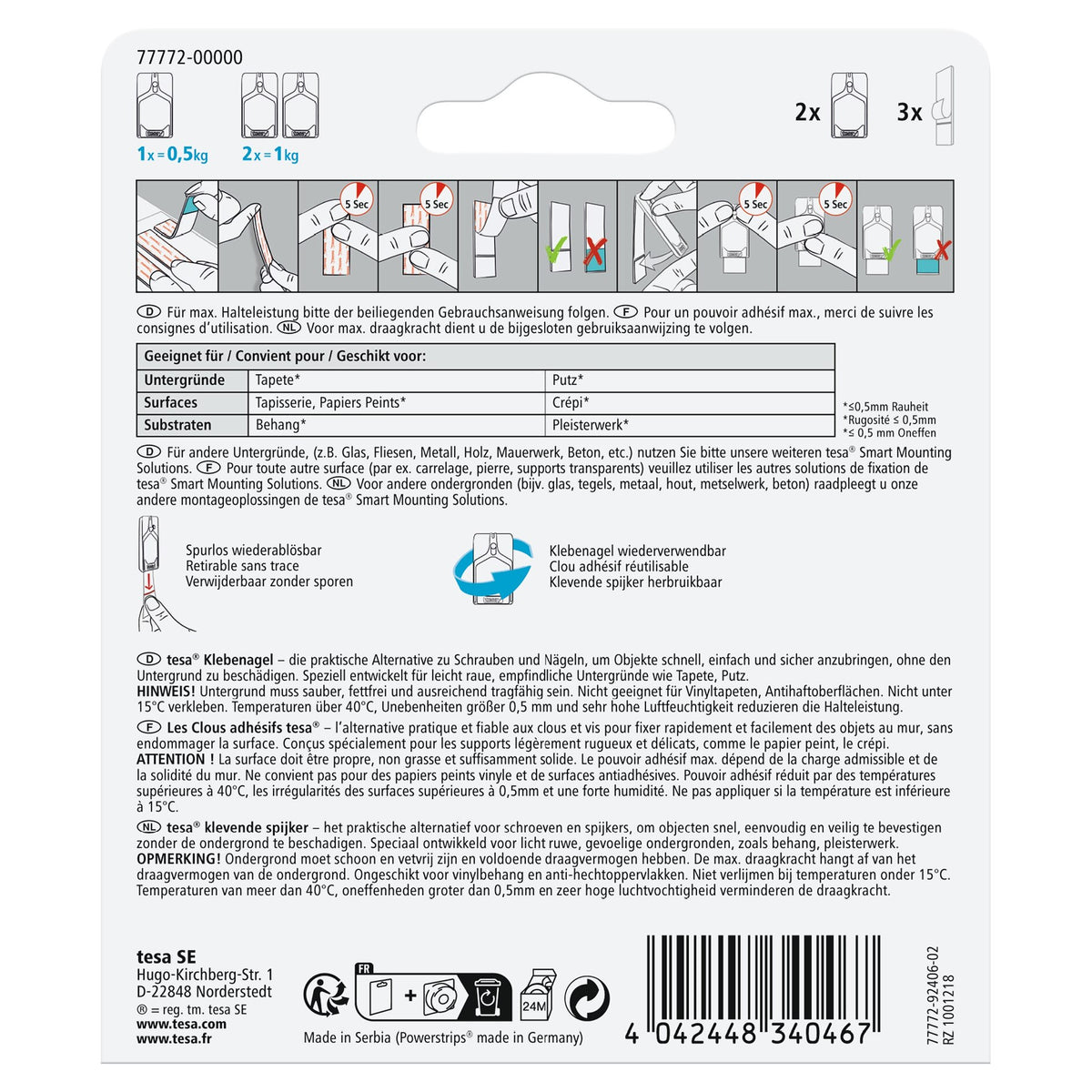 tesa Adhesive Nail for Wallpaper and Plaster, White, up to 0.5 kg