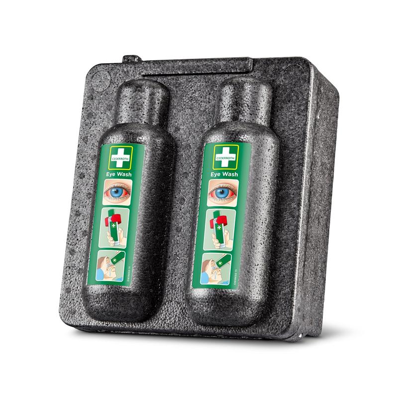 Der Orkla Wound Care AB Wärmeschrank für Augenspülung 500x2 (1 Packung) fasst zwei Augenspülflaschen mit grünen Piktogramm-Etiketten und bietet eine sichere Aufbewahrung und schnellen Zugriff für Erste Hilfe Augenverletzungen in Notfällen.