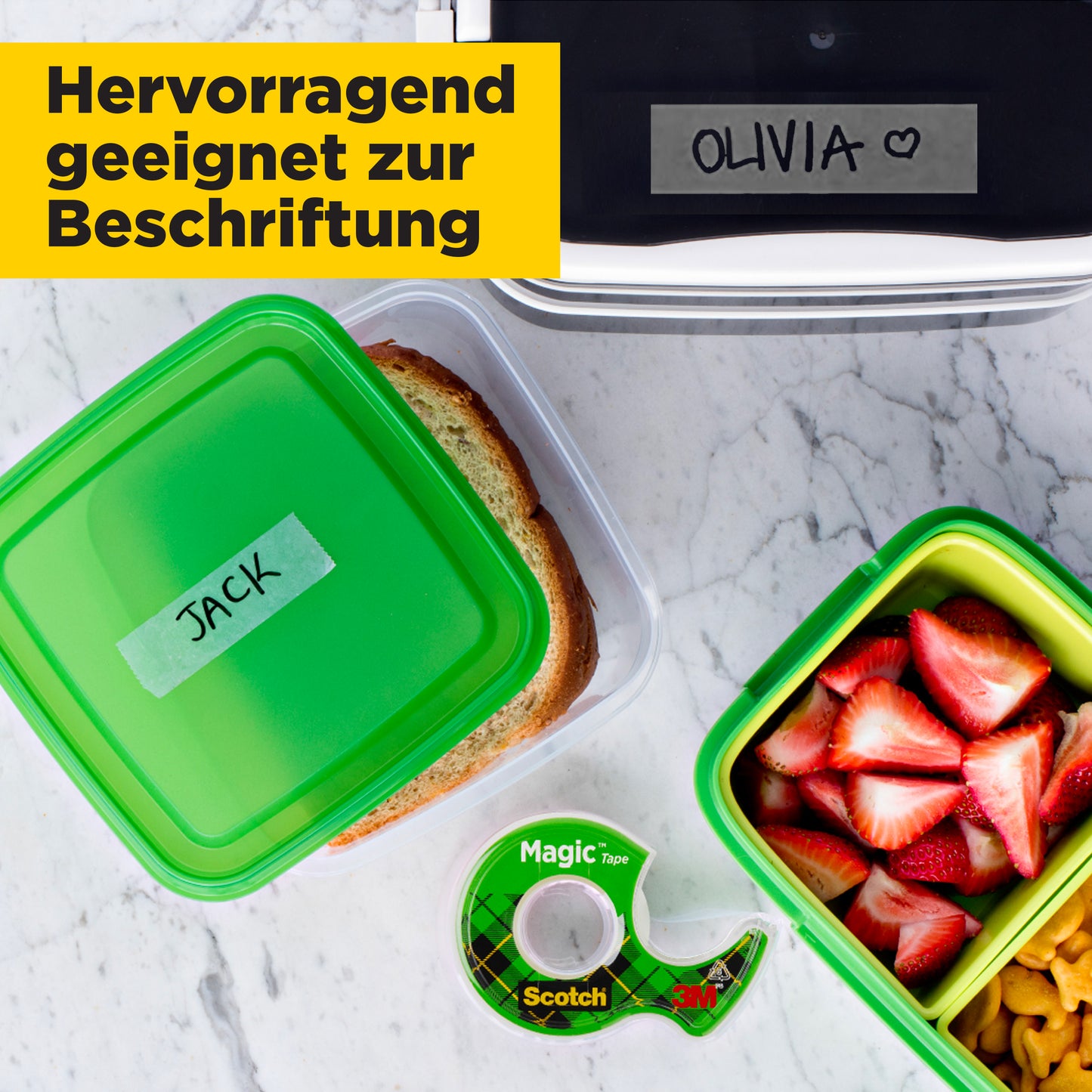 Eine "JACK"-Lunchbox, ein Obstbehälter und eine teilweise sichtbare "OLIVIA"-Box erscheinen mit Scotch® Magic™ Unsichtbares Klebeband 8-1915R3/2 Aktionspackung (19 mm x 15 m, 2+1 Gratis-Rolle) von 3M Deutschland GmbH und gelbem deutschen Beschriftungstext.