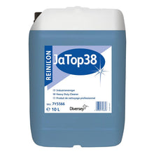 Ein 10-Liter-Gebinde Reinilon Ja-Top 38 Industriereiniger von Diversey Deutschland GmbH & Co. OHG zeichnet sich durch eine blaue Flüssigkeit, eine umweltfreundliche Formel und ein Etikett mit Produktangaben und einem Barcode auf der Vorderseite aus.