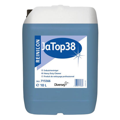 Ein 10-Liter-Gebinde Reinilon Ja-Top 38 Industriereiniger von Diversey Deutschland GmbH & Co. OHG zeichnet sich durch eine blaue Flüssigkeit, eine umweltfreundliche Formel und ein Etikett mit Produktangaben und einem Barcode auf der Vorderseite aus.