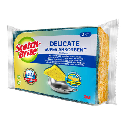 Eine Packung 3M Deutschland GmbH Scotch-Brite® Delicate nicht kratzender Naturfaser-Reinigungsschwamm enthält 2 superabsorbierende, nicht kratzende Schwämme und ist ideal für empfindliche Oberflächen.