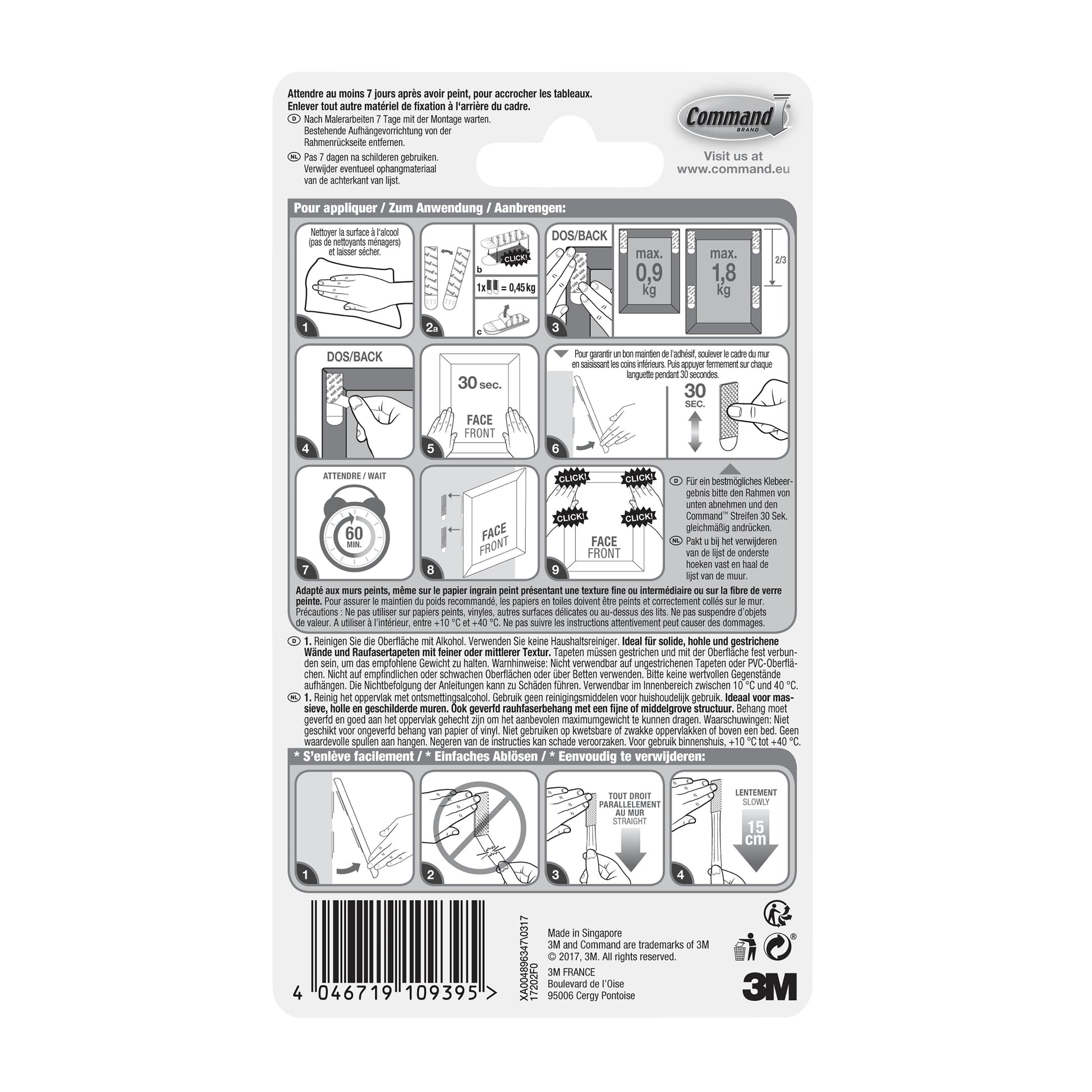 Die Rückseite der 3M Deutschland GmbH Kleine weiße Command™ Bilder-Montage Strips S 17202 Verpackung zeigt bebilderte Montage- und Entfernungshinweise, Sicherheitswarnungen, Produktinfos, Barcode und Firmendetails in mehreren Sprachen.