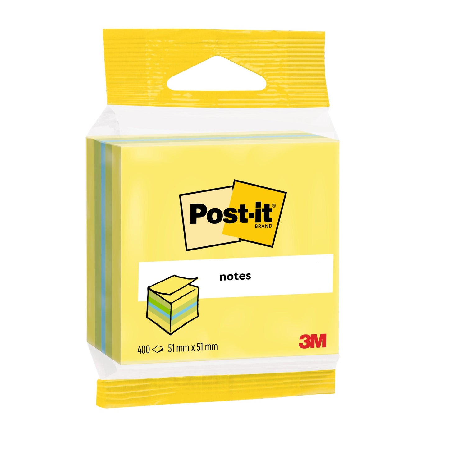 Eine Packung Post-it® Notes Mini Würfel der 3M Deutschland GmbH enthält 400 Blatt im Format 51 x 51 mm, hat eine gelbe Hülle mit dem Markenlogo und der Abbildung des Notizblocks und besteht aus 100 % PEFC-zertifiziertem Papier.