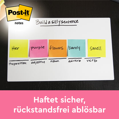 Auf einem Whiteboard befinden sich fünf bunte Post-it® Notes (Beachside Collection, 38x51mm, 3M Deutschland), die jeweils mit einem Wort beschriftet und nach Wortarten geordnet sind. Oben steht "Build a silly sentence", in der Ecke das Post-it® Logo.