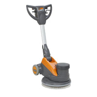 The TASKI ergodisc 200 from Diversey Deutschland GmbH & Co. OHG, a cost-effective, low-speed (200 rpm) scrubber-dryer designed for all standard cleaning tasks, is shown in gray and orange with controls and wheels on a white background.