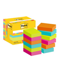 A yellow box of Post-it® Notes (3M Deutschland GmbH, Poptimistic Collection, 38 x 51 mm, 100 sheets per pad, 12 pads per pack) sits next to stacks of square sticky notes in bright yellow, pink, blue, orange, and green.